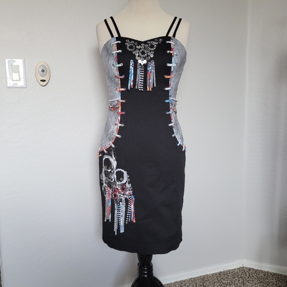 Vintage Black Mini Dress 90s Punk Goth Bodycon Festival - Picture 2 of 9